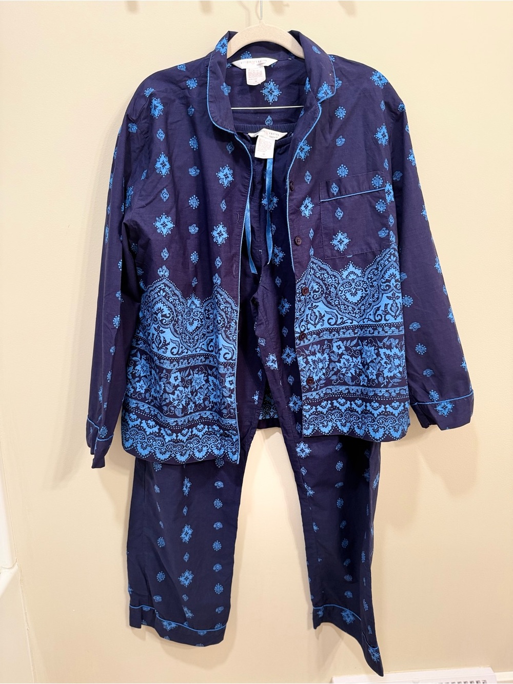 Gilligan & O'Malley Pajama Set M Cotton Navy Blue Paisley Border Button Front
